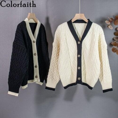 Colorfaith New 2021 Womens Autumn Winter Sweater Fashionable Elegant Oversized V-Neck Buttons Cardigans Vintage Tops SWC1503JX
