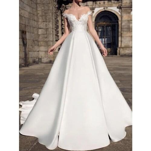 A-Line Tail Wedding Dress Palace-Style Lace Satin One-Shoulder V-Neck Sexy Slim-Ftting Tutu Dress White And Beige Can Be