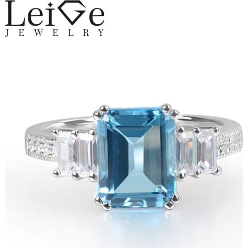 Leige Jewelry Swiss Topaz Ring Emerald Cut Blue Gemstone Prong Setting 925 Sterling Silver for Women Romantic Gifts