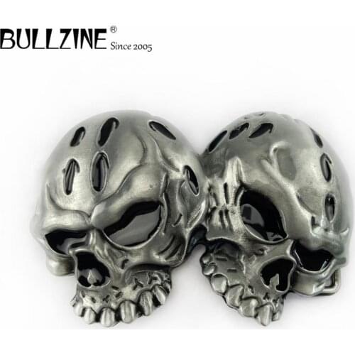 The Bullzine double skulls belt buckle with pewter finish FP-03524 suitable for 4cm width belt