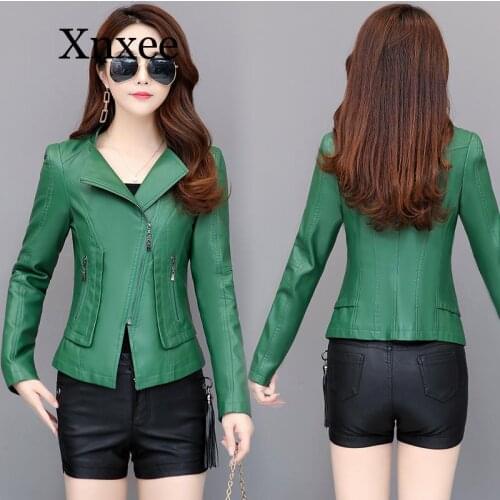 Green black Plus Size 3XL 4XL Short PU Leather Jacket Women Black Orange Biker Coat Big Size Motorcycle Green Outerwear