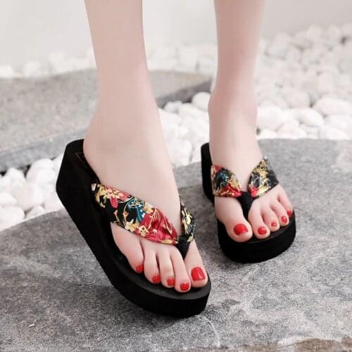 2021 Summer Bohemian Outdoor Platform Women Slippers Indoor Wedges Color Print Slides High Heels Shoes for Women Flip Flops