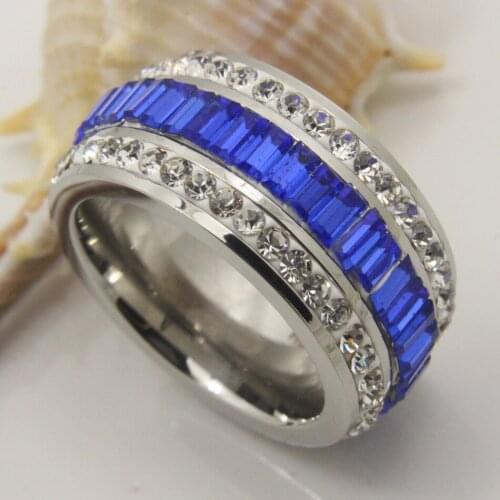 Fashion Blue Crystal Jewelry Stainless Steel Silver Color Rings For Women RBJDETCB