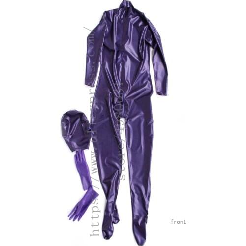Metallic purple womens full body bdsm latex bondage zentai with feet and including seperated Fetish latex hoods & finger gloves