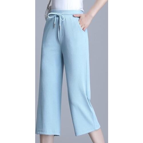 Women Wide Leg Pants Summer Elastic Waist Casual Calf-length Pants Plus Size Trousers Joggers Soft Pants For Female Capris