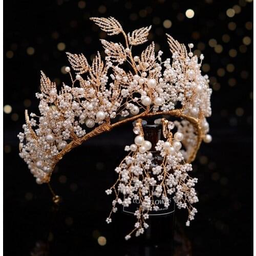 Trend Luxury Crown Wedding Bridal Tiara Diadema Pearl Headband Crowns Jewelry Gold Color Hair Accessories Women Headpiece