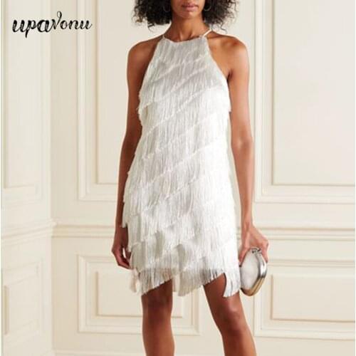 Free Shipping Sexy Spaghetti Strap Tassel Dress 2021 Summer New Womens Sleeveless Irregular Dress Celebrity Club Party Vestidos