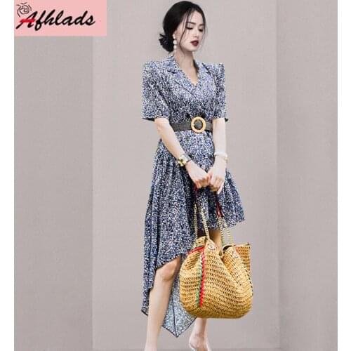 Summer New Korean Fashion Double-Breasted Notched Collar Floral Dress Women Asymmetrical Print Short Sleeve Vestidos With Belt