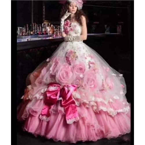 Pink Elegant Quinceanera Dresses Ball Gown vestidos 15 anos de princesa Handwork Flowers Puffy Skirt Glitter Prom Princess dress