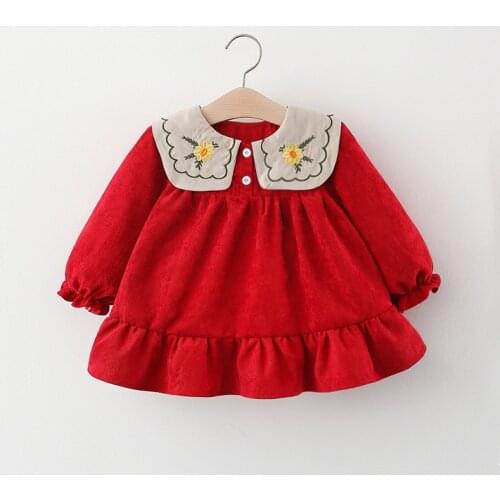 2021 Autumn Corduroy Embroidered Collar Dress Girl Lapel Dress Long Sleeve