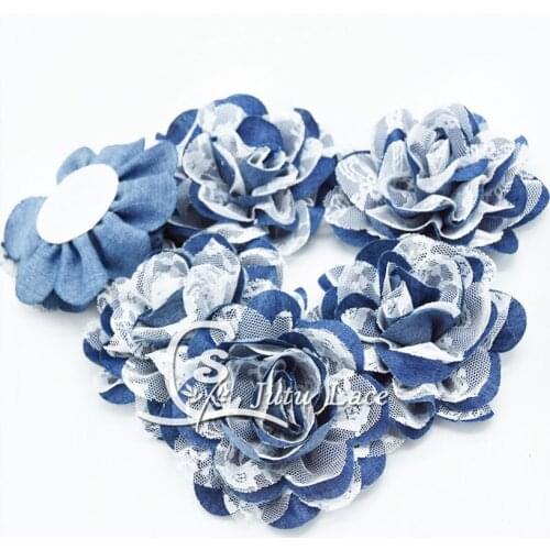 25 pcs/lot , 3.75'' white lace shabby denim flowers ,denim fabric flower for girls hair accessories