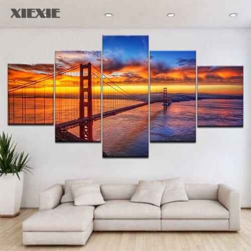 5Pcs Hd Printing Sunset Canvas Painting San Francisco Golden Gate Bridge Sunset Art Home Decoration Wall Poster Modular Picture