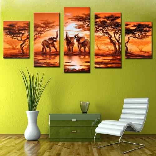 5 Pieces Canvas Painting African Modern Art Elephants Live Wall Decoration Pictures Handmade Landscape Oil Painting Unframed