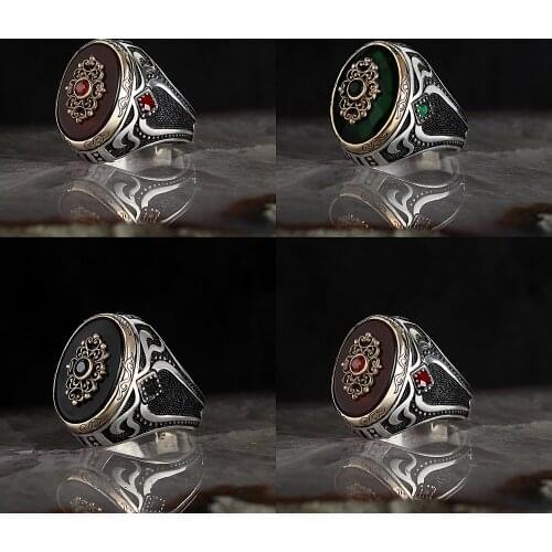 925 Sterling Silver Rings For Men Handmade Healing Agate Zircon Onyx Stone Vintage Gift Ring Turkish Jewelry Accessory Hand Mad