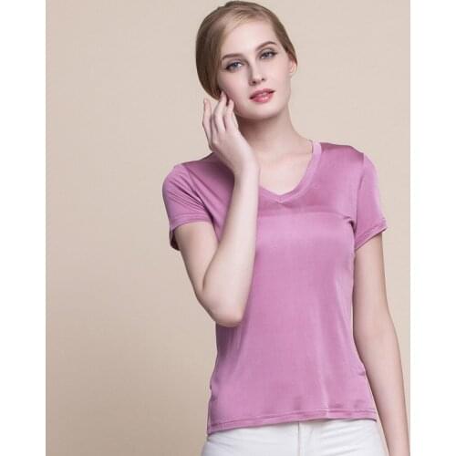 Birdsky, 1PC 30% natural mulberry silk Women short sleeve T shirt Top V neck slim fit simple Tee, 9 solid colors. HC-10
