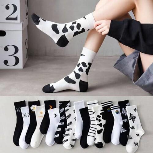 Black Socks Womens Tube Socks Ins Tide Spring And Summer Students Long Tube White Japanese Cute Pile Stockings Womens Socks