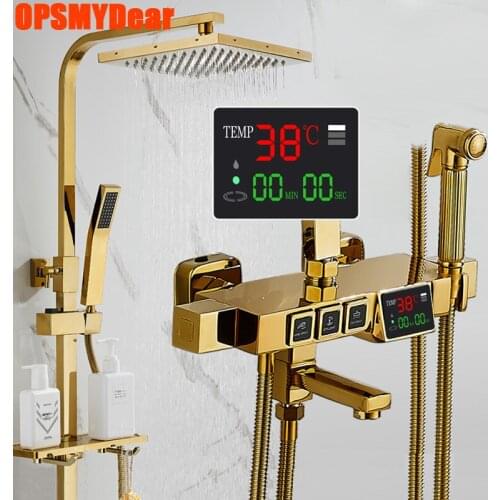 Digital Shower Set Bathroom Smart Thermostatic Gold Shower System Wall Mount Square Head Bath Faucet SPA Rainfall Hot Cold Grifo