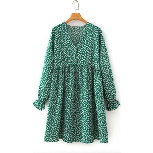 Flowery Dress Vintage Floral Dress Long Sleeve Casual Dresses Summer Dress Woman 2020 Green Ladies Dresses for Winter