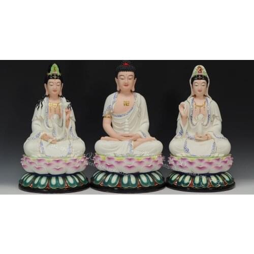 Dehua ceramics 13 inch 16 inch blue color icon three Sam West Buddha high-grade painted crafts ornaments