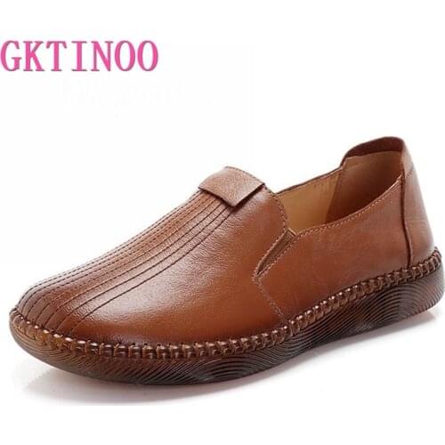 GKTINOO 2020 Handmade Genuine Leather Autumn Women Shoes Mother Loafers Slip-On Soft Bottom Flat Casual Single Shoes