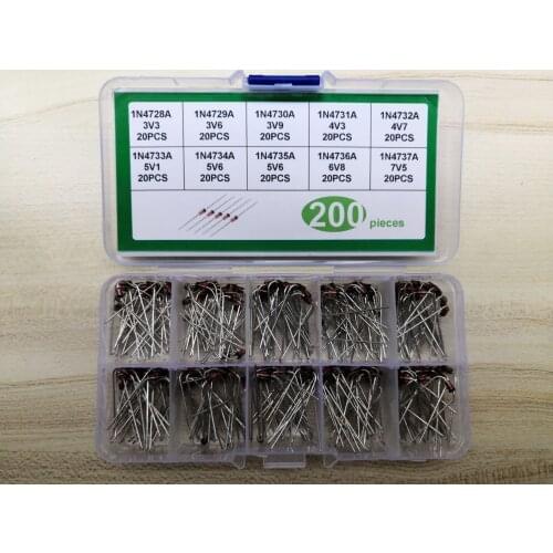 10Value*20 Diode kit 1W Zener 1N4728A/4729A/4730A/4731A/4732A/4733A/4734A/4735A/4736A/4737A 3.3 3.6 3.9 4.3 4.7 5.1 5.6 6.8 7.5V