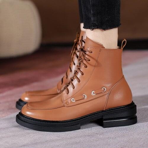 QZYERAI Genuine Leather Women Natural Ankle Boots Winter Women Lady Cross Strap Shoes Black Warm Short Motorcyle Boots