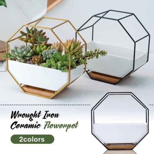 Creative Metal Iron Rack White Ceramic Planter Pot Simple Octagonal Geometric Wall Hanging Flower Pot Bamboo Tray Iron Frame