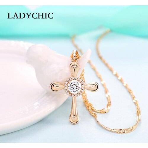 LADYCHIC Trendy Cross Pendant Necklaces Gold Color Round Zircon Wave Chain Choker Necklace for Women Fashion Accessories LN1085