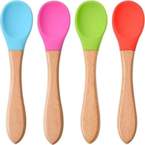 Baby Feeding Spoon Wooden Handle Silicone Spoon Baby Food Spoons Anti-Scald And Fall Resistance Training Spoons