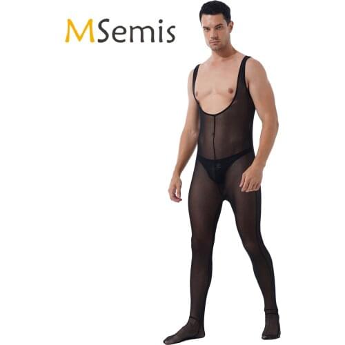 Iiniim Mens Sexy Lingerie Teddies See-Through Mesh Hollow Out Bodysuit Nightwear Sleeveless Body-Stocking Bar Clubwear Costume
