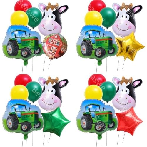 6pcs/set Farm Theme Green Tractor Inflatable Balloons Happy Birthday Party Decor Cow Ballon Kids Excavator Vehicle Ball