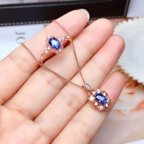 Real Natural Sapphire jewelry set Natural Real Sapphire 925 sterling silver 1pc pendant,1pc ring