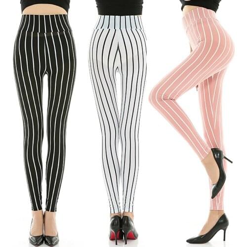 2020 autumn new womens striped nine-point pants black and white vertical stripe high waist large size tights sexy leggings