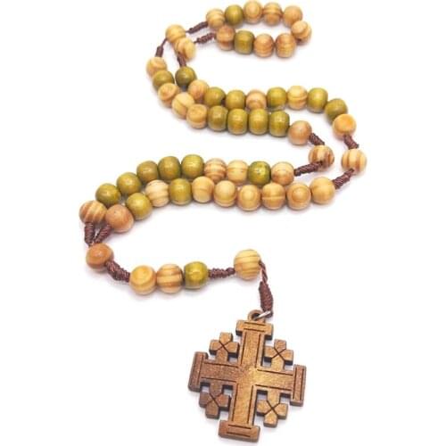 Religious Wooden Antique Cross Rosary Pendant Necklaces Beads Jesus Necklace