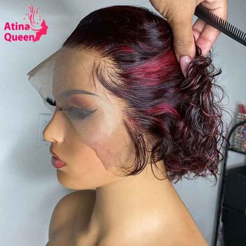 Burgundy Colored Red Bob Short Human Hair Wig Preplucked 1B 99J Remy Wavy Pixie Cut Highlight Closure Wig 150% For Black Women