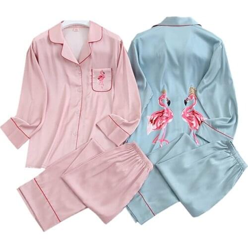 Spring And Autumn New Cartoon Flamingo Printed Ladies Pajamas Set Comfort Silk Stain Sleepwear Set Elegant Pink Thin Homewear