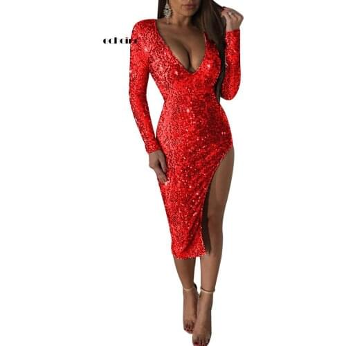 Christmas Evening Party Dress Women Night Club Sequin Flake Dress V-neck Sexy Bodycon Midi Dress Red Gold Elegant Ladies Clothes
