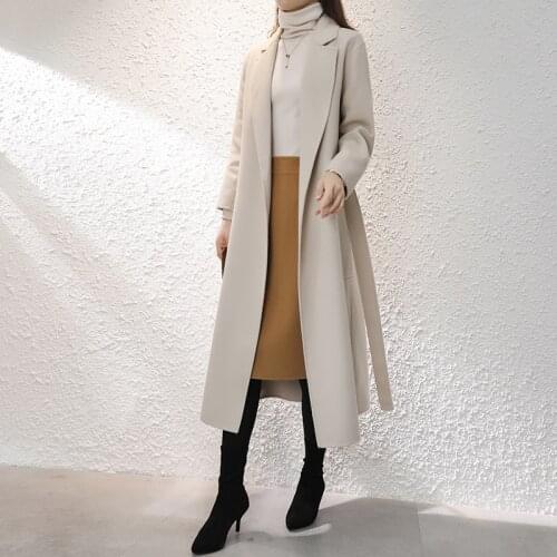 Slim double-sided cashmere coat womens middle and long knee belt double-sided tweed 2021 autumn and winter high-end cashmere