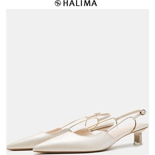 Women Sandals Lovely Shoes Office Female Lower Heels Designer Chic Pointed Satin Thin Heel Baotou Sandals with Back Strap