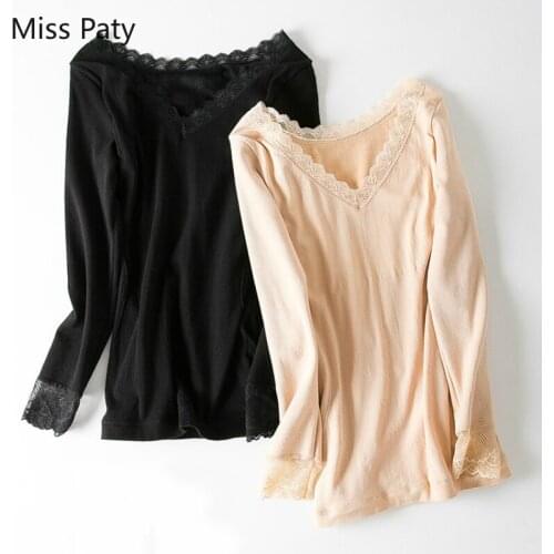 Sexy lace slim underwear blouse for women winter velveteen thermal shirt elegant V-neck thick warm long sleeves tops basic 2019