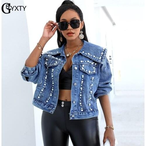 GBYXTY New Autumn Pearl Beaded Lapel Collar Loose Short Denim Coat Women Big Size Long Sleeve Oversized Short Jean Jacket ZL1277