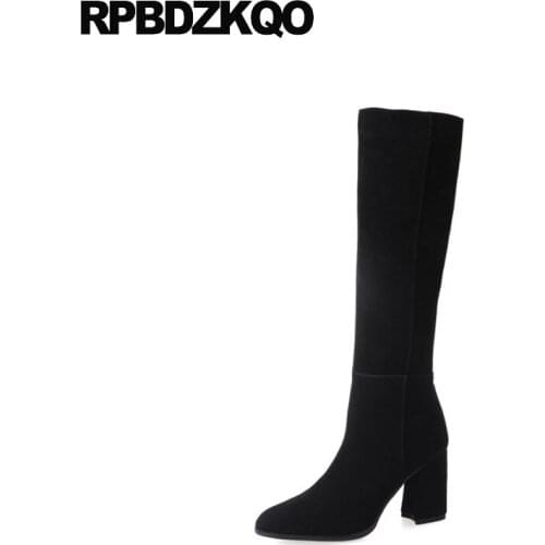 2021 Female Suede Luxury Genuine Leather Black Handmade High Heel Chunky Round Toe Knee Fur Women Side Zip Boots Winter Shoes