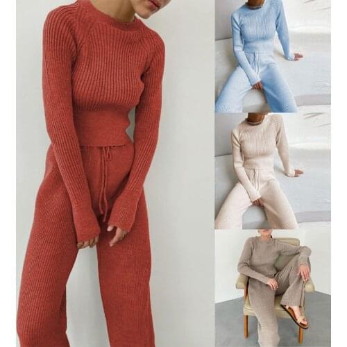 WomenS Casual Suit 2 Piece Sets Warm Knitted Sweater Solid Color Round Neck Long Sleeve Outfits