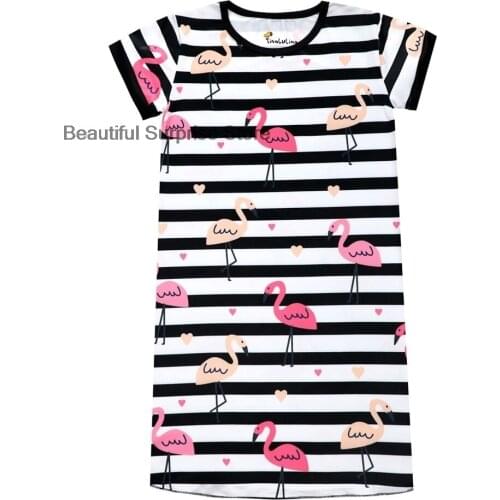 Children Summer Dresses Cartoon Red-crowned Crane Printed Dress for Girl Cotton Nightgowns Kids Nightdress Baby Sleepwear