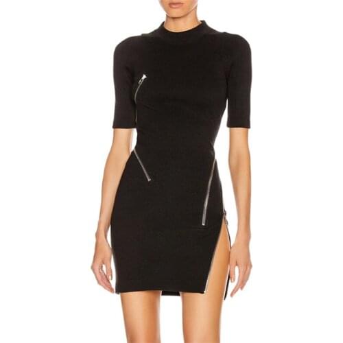 New Style Zippers Bandage Dress Women O Neck Short Sleeve Knitted Dresses Celebrity Party Club Mini Bodycon Vestidos