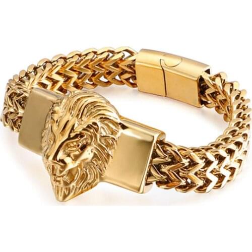 12mm Strong 316L Stainless Steel Gold Tone Punk Lion Head Cool Buckle Figaro Chain Bracelet Mens Bangle 8.66inch Hip-hop Jewelry