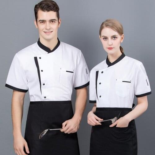 2019 Unisex Restaurant Kitchen Chef Uniform Shirt Breathable short sleeves Chef Jacket+apron works clothes for men Wholesale