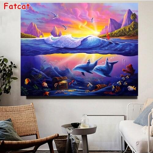 Full Square Drill 5D DIY Diamond Painting Dolphin Ocean waves, sunset landscape Embroidery Cross Stitch Animal Home Decor PP2258