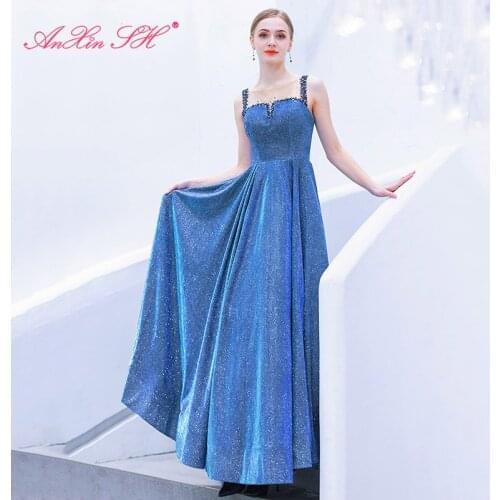 AXJFU princess o neck sleeveless blue satin evening dress luxury beading crystal a line illusion evening dress 2781