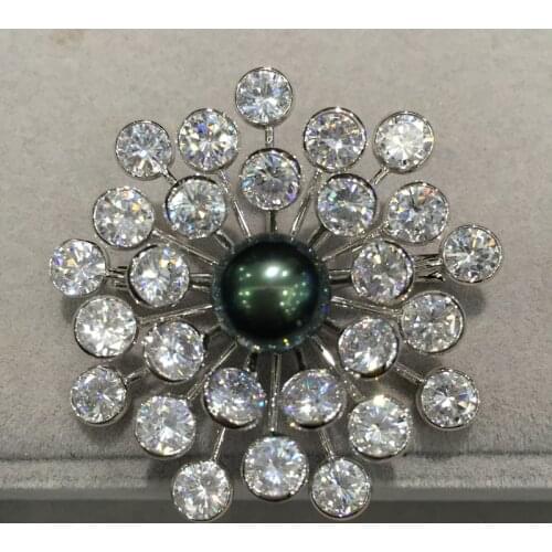 12MM Natural sea water pearl brooch pins copper with cubic zircon starriness black tahiti pearl brooch only 1 pcs